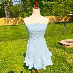 Linen Strapless Fit & Flare Ruffled Light Blue Dress - Size Small